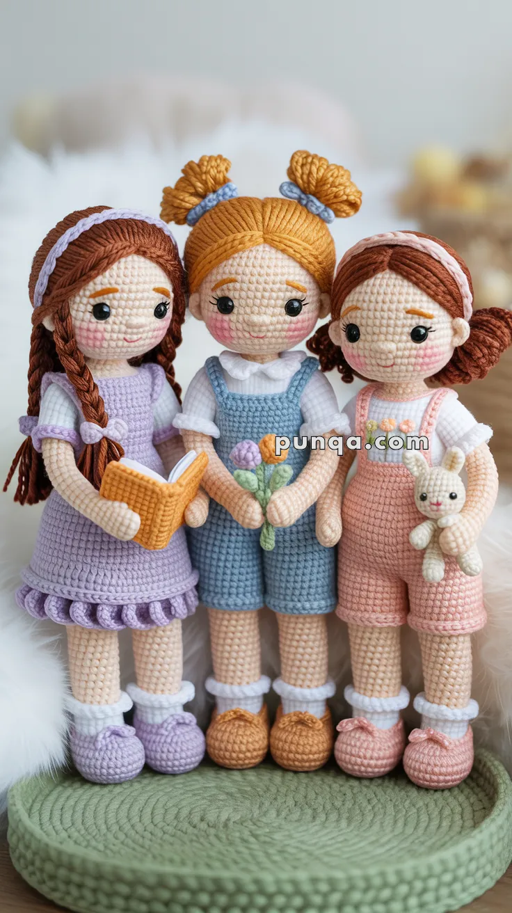 Three crocheted dolls standing together, each with distinct hairstyles, holding a book, flowers, and a bunny toy, dressed in pastel clothes and placed on a green knitted surface.