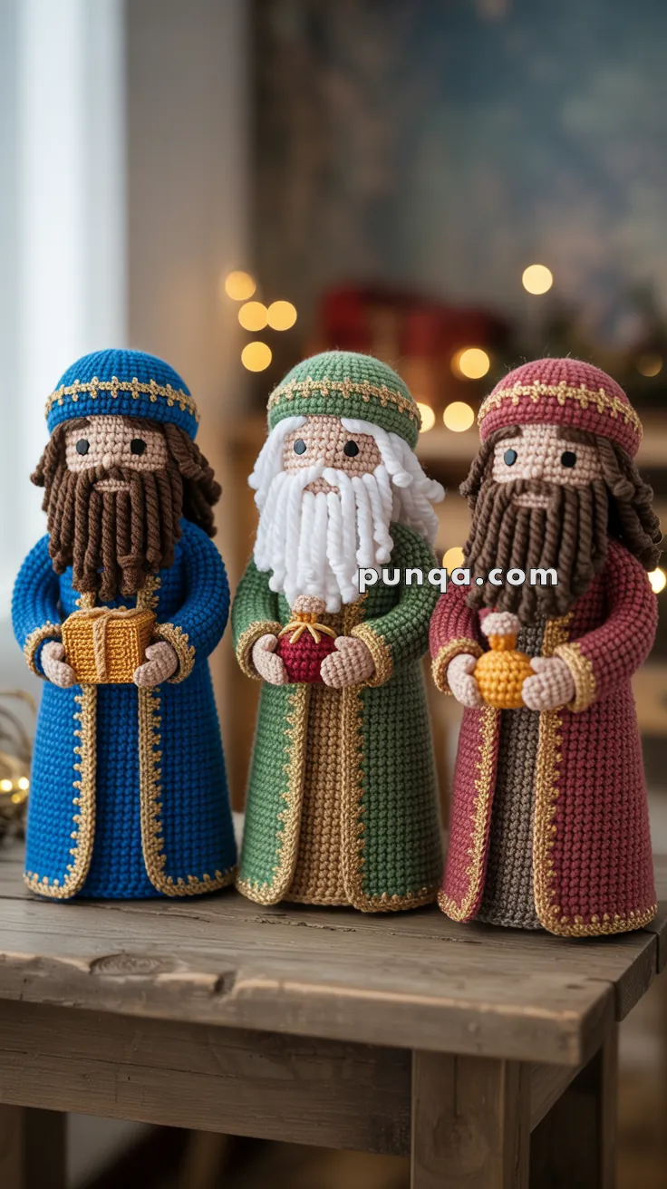 Three crocheted figurines representing the Three Wise Men, each holding a gift and wearing intricately designed robes in blue, green, and red colors, are displayed on a wooden surface with blurred festive lights in the background.