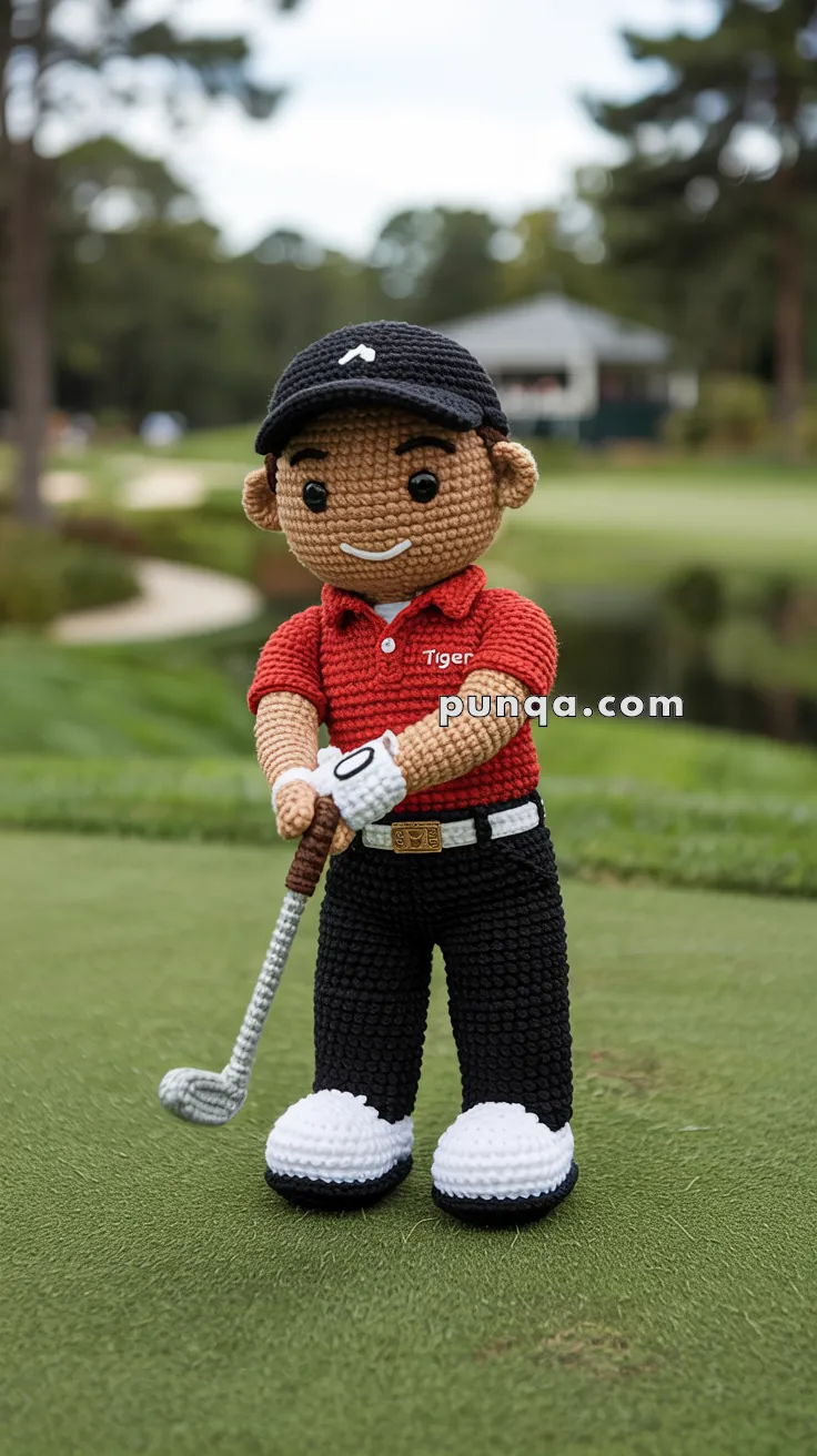 A crochet doll of a golfer wearing a red shirt, black pants, a black cap, and holding a golf club, standing on a golf course.