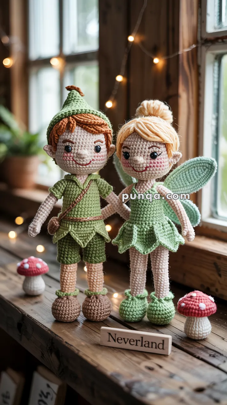 Two hand-knitted dolls resembling fictional characters, Peter Pan and Tinker Bell, stand on a wooden surface decorated with small fabric mushrooms and a "Neverland" sign, with warm string lights and a window in the background.