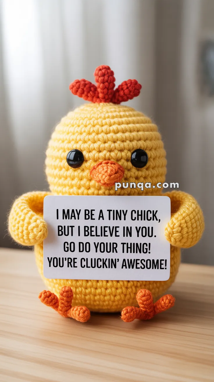 A crocheted yellow chick holding a sign that says, "I may be a tiny chick, but I believe in you. Go do your thing! You're cluckin' awesome!" The chick has orange feet and a small orange beak.