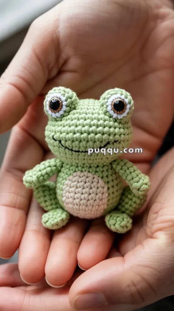 A small, crocheted green frog with large eyes and a white belly held in someone's hands.