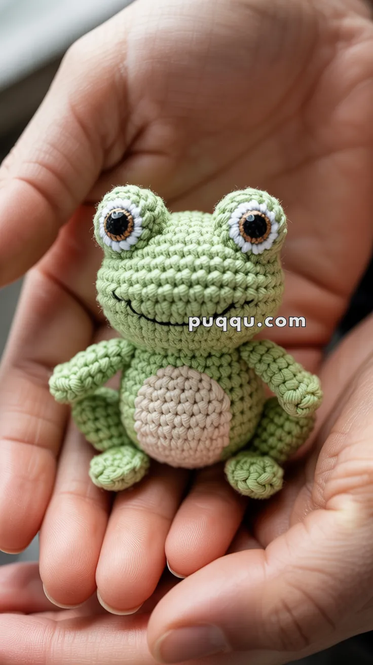A small, crocheted green frog with large eyes and a white belly held in someone's hands.