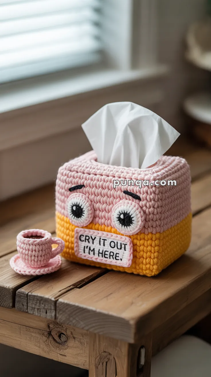 A crocheted tissue box cover with cartoon-like eyes and a sign saying "Cry it out, I'm here" on a wooden table. Beside it is a small crocheted pink teacup.