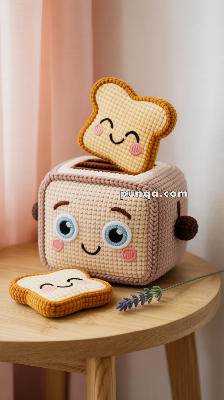 Crocheted toaster and bread plush toys with cute facial expressions, placed on a wooden table next to a purple flower and pink curtains in the background.