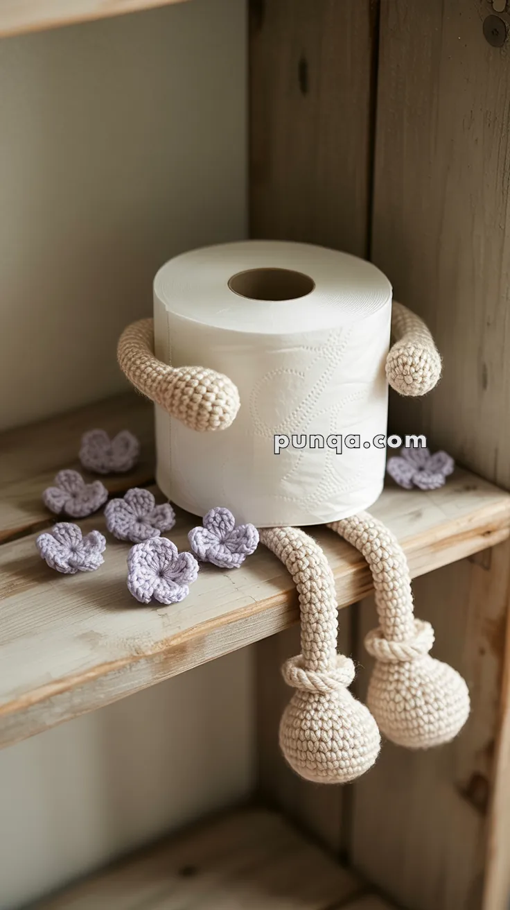 A roll of toilet paper with crocheted arms and legs sits on a wooden shelf, surrounded by small crocheted purple flowers.