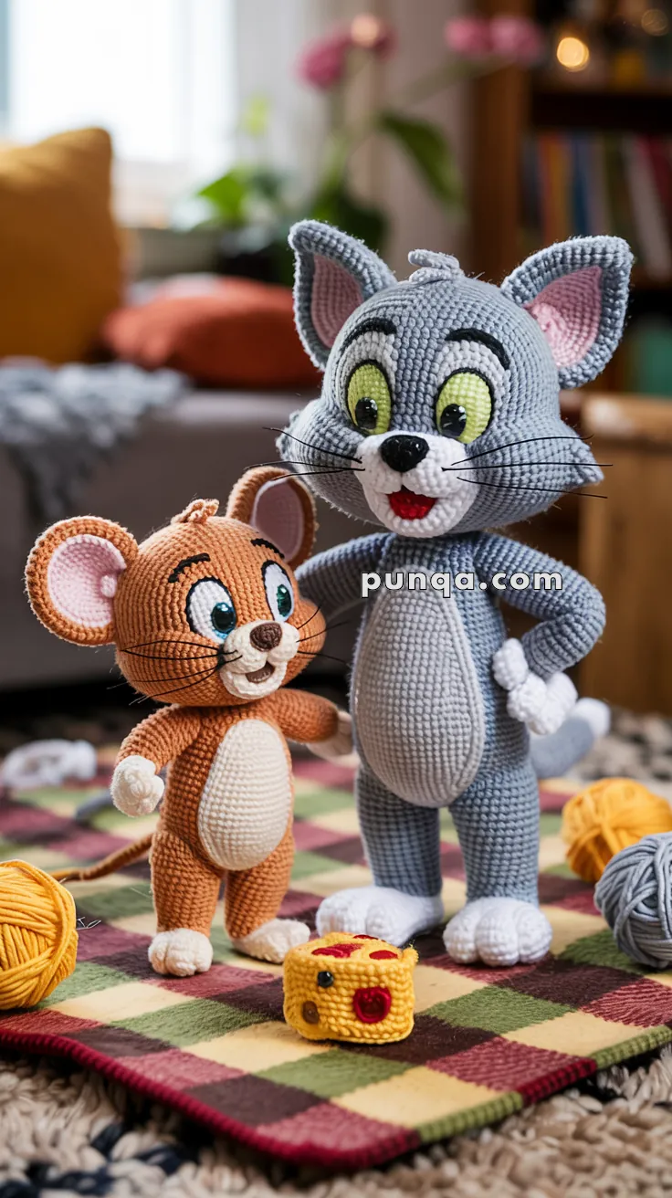 Crocheted plush toys of a gray cat and a brown mouse stand on a checkered rug, surrounded by yarn balls and a small toy cheese.