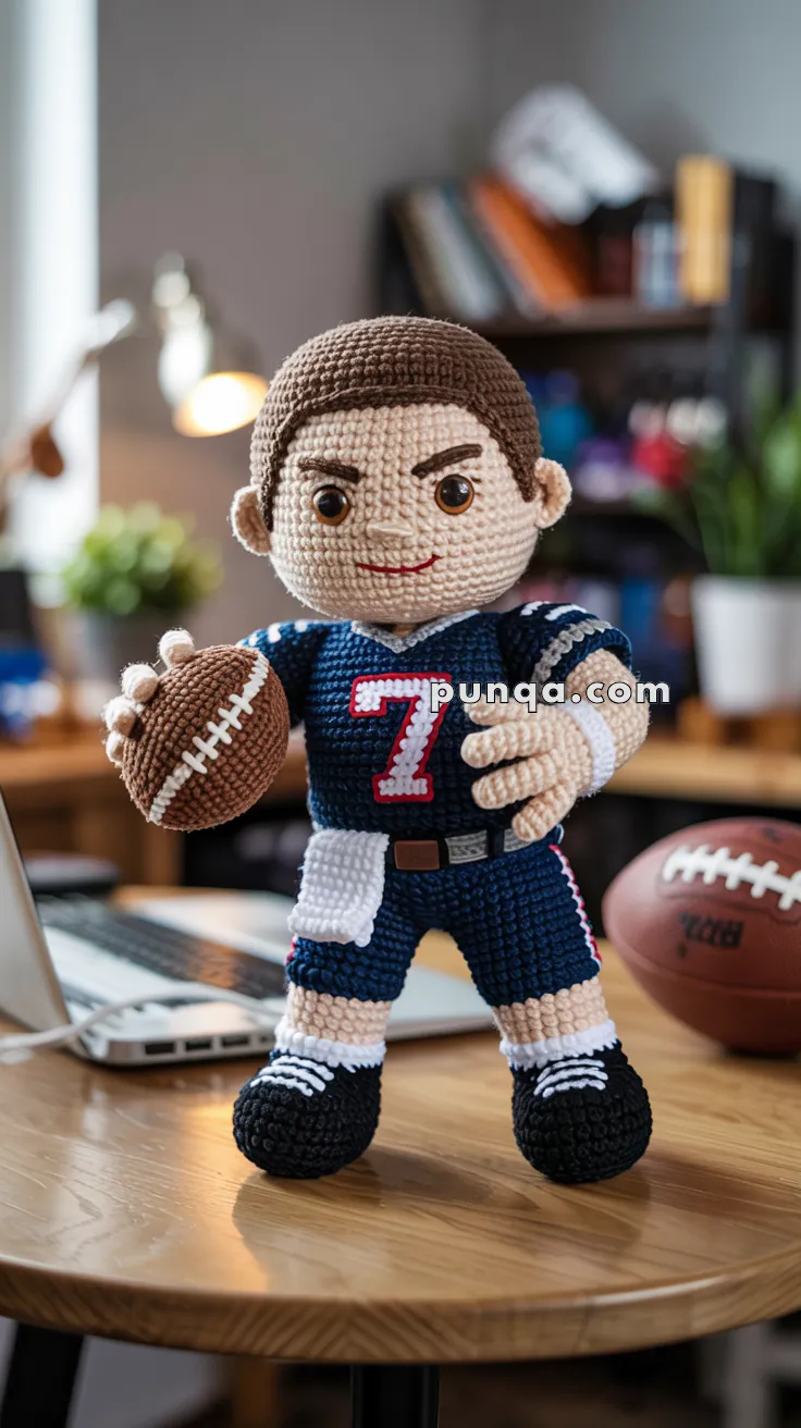 A crocheted doll dressed as a football player in a blue jersey with the number 7, holding a football, standing on a table in a room with a laptop and books in the background.