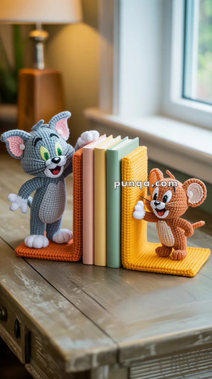 Crocheted bookends featuring a gray cat and a brown mouse with three books between them on a wooden table by a window.