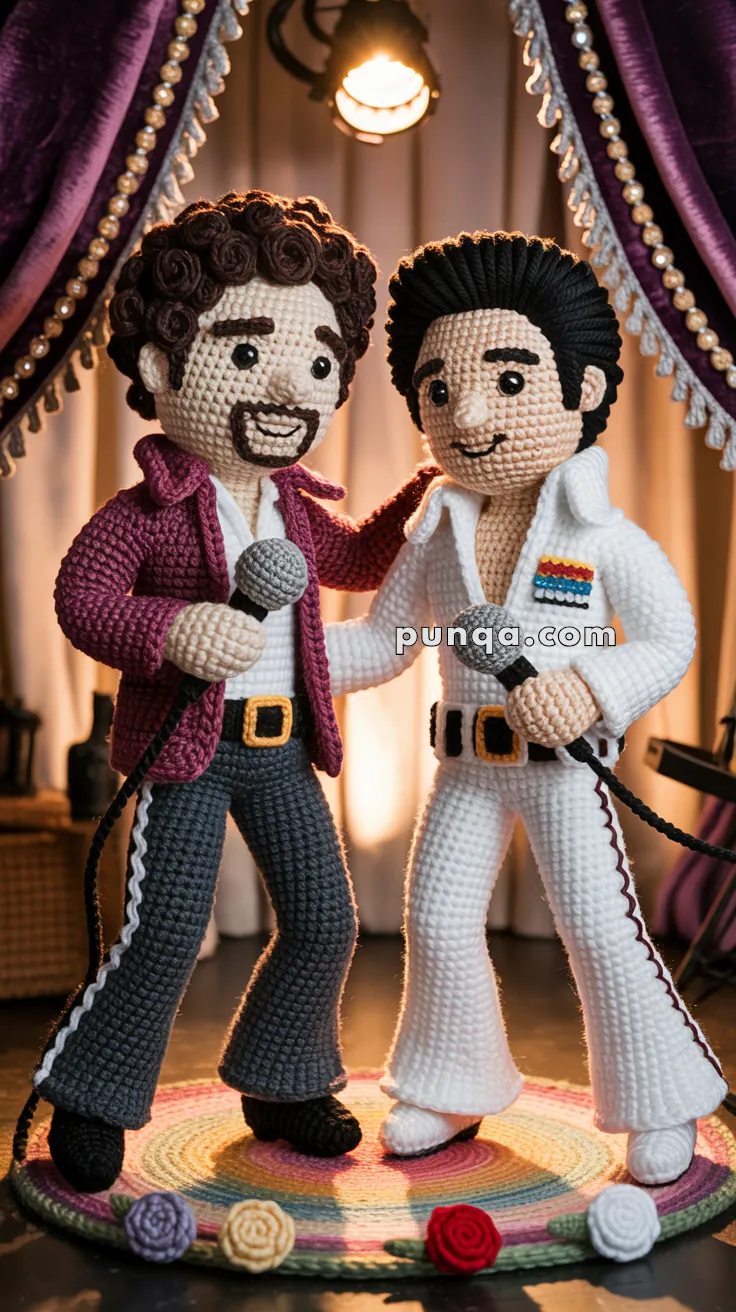 Two crocheted doll figures are posed as musicians with microphones, one in a maroon jacket and grey pants, the other in a white jumpsuit. They stand on a colorful circular mat with a spotlight in the background.