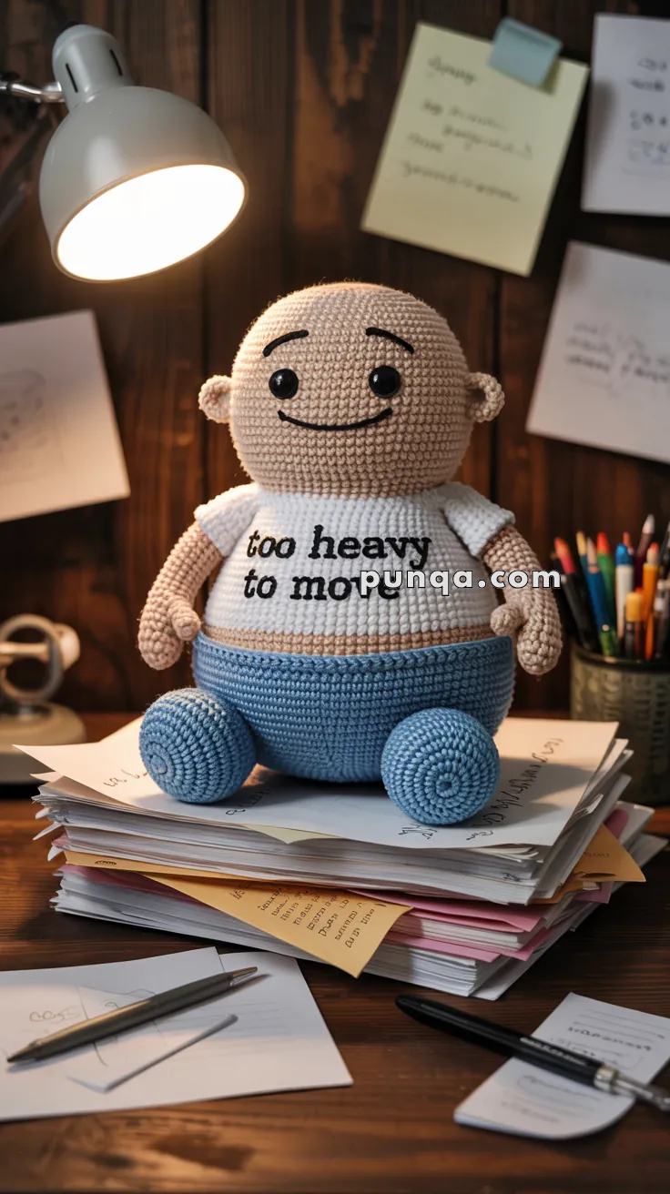 A crocheted doll with a smiling face sits under a desk lamp on top of a stack of papers. The doll is wearing a white shirt that reads 'too heavy to mo' and has blue pants. The background includes stationery items like pens and notes on a wooden surface.