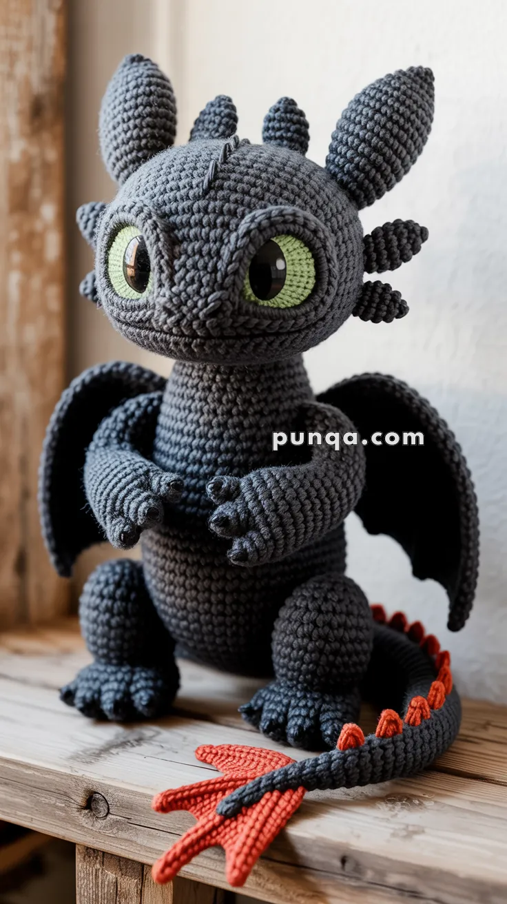 A crocheted dragon toy with large green eyes and black wings, sitting on a wooden surface with a red-tipped tail.
