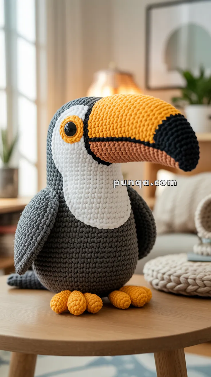A crocheted toucan toy with a large yellow and black beak sits on a wooden table in a cozy room.