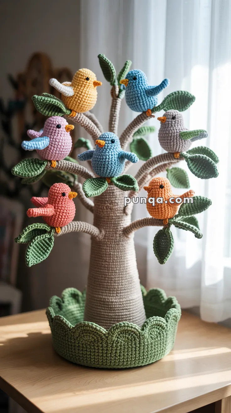 A crocheted tree with multicolored amigurumi birds perched on its branches, featuring green leaves and a round base, placed on a wooden surface near a window with soft light.