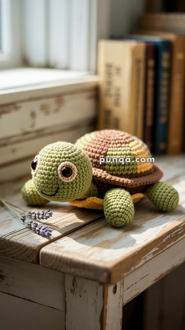 A crocheted turtle toy with a green head and legs, a brown and yellow shell, sitting on a wooden table beside two sprigs of lavender, with books blurred in the background.
