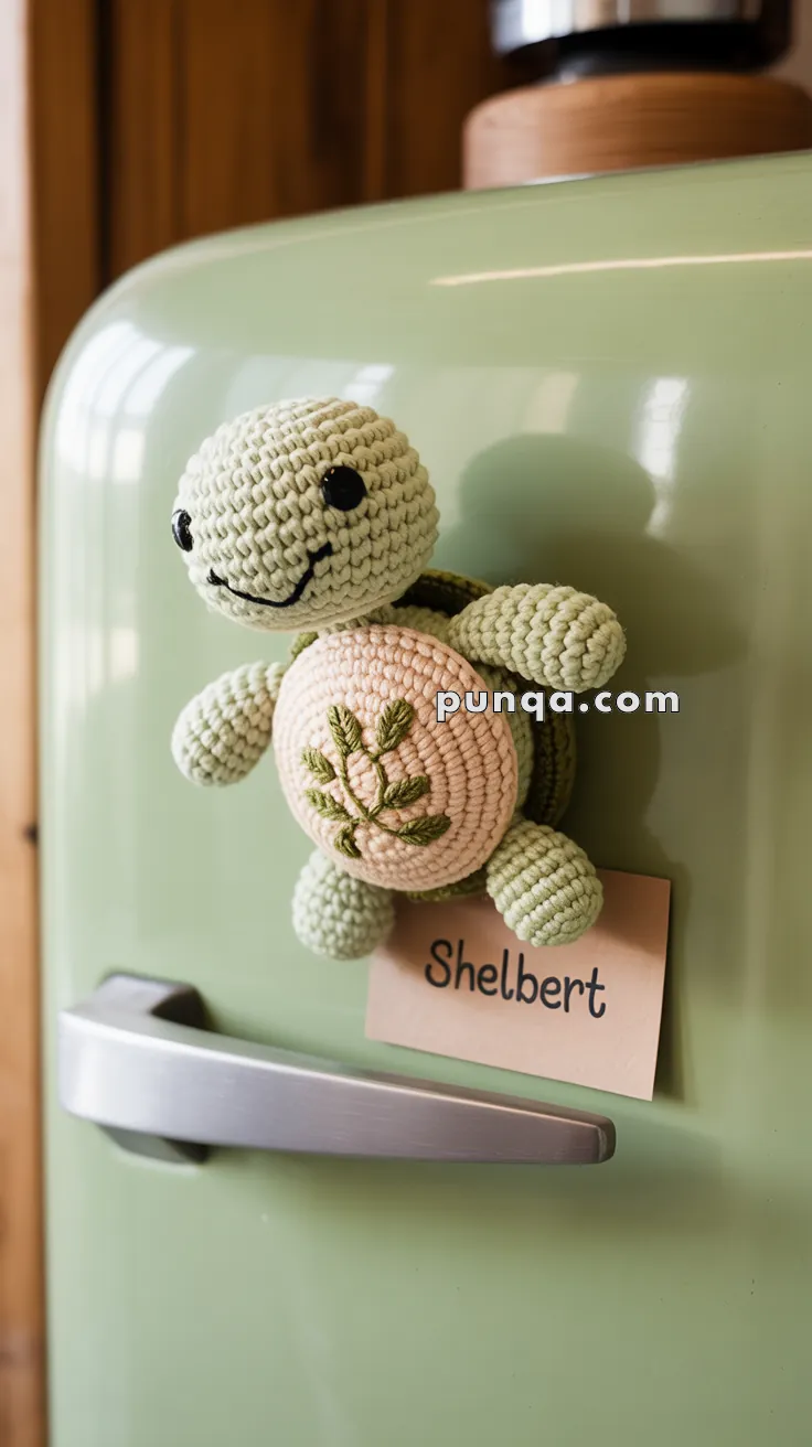 A crocheted turtle magnet with a smiley face and embroidered shell design on a pastel green refrigerator door, accompanied by a small card labeled "Shelbert."