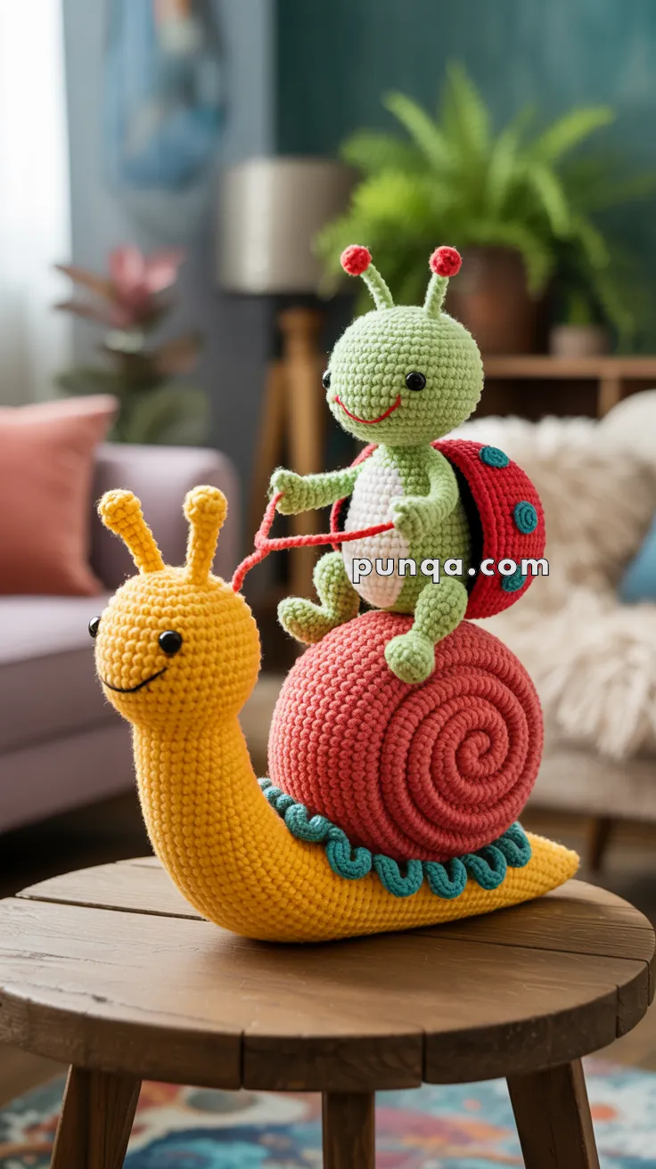 A colorful crocheted toy showing a happy green ladybug riding a large, smiling yellow snail with a red shell, displayed on a wooden table in a cozy room setting.