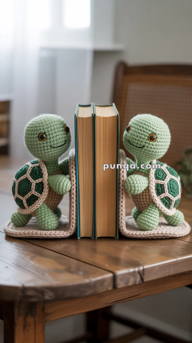 Two crocheted turtle bookends holding up books on a wooden table, with a blurred background showing a window and a woven chair.
