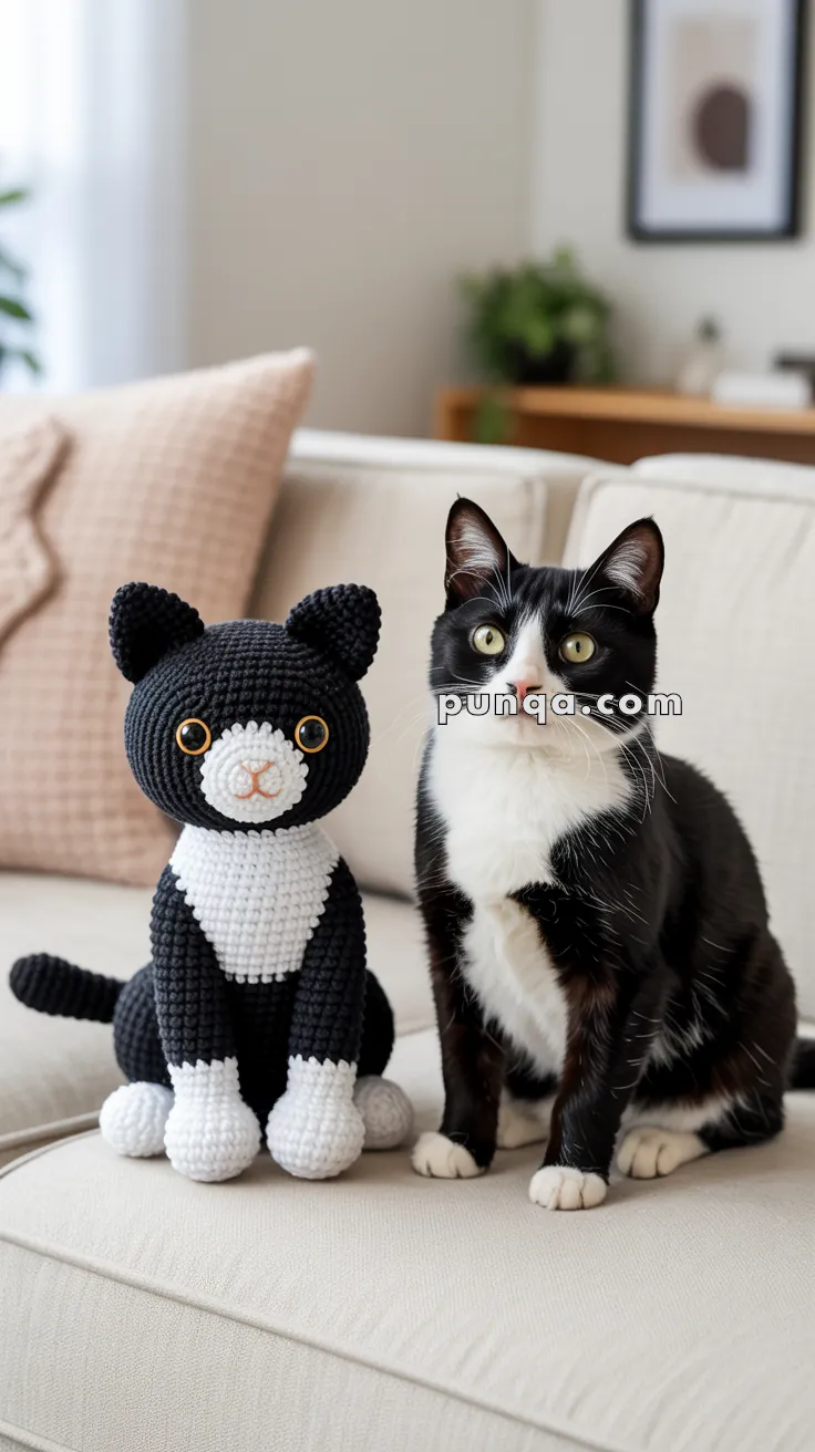 A black and white cat sits on a couch next to a matching crocheted toy cat with similar colors and facial features.