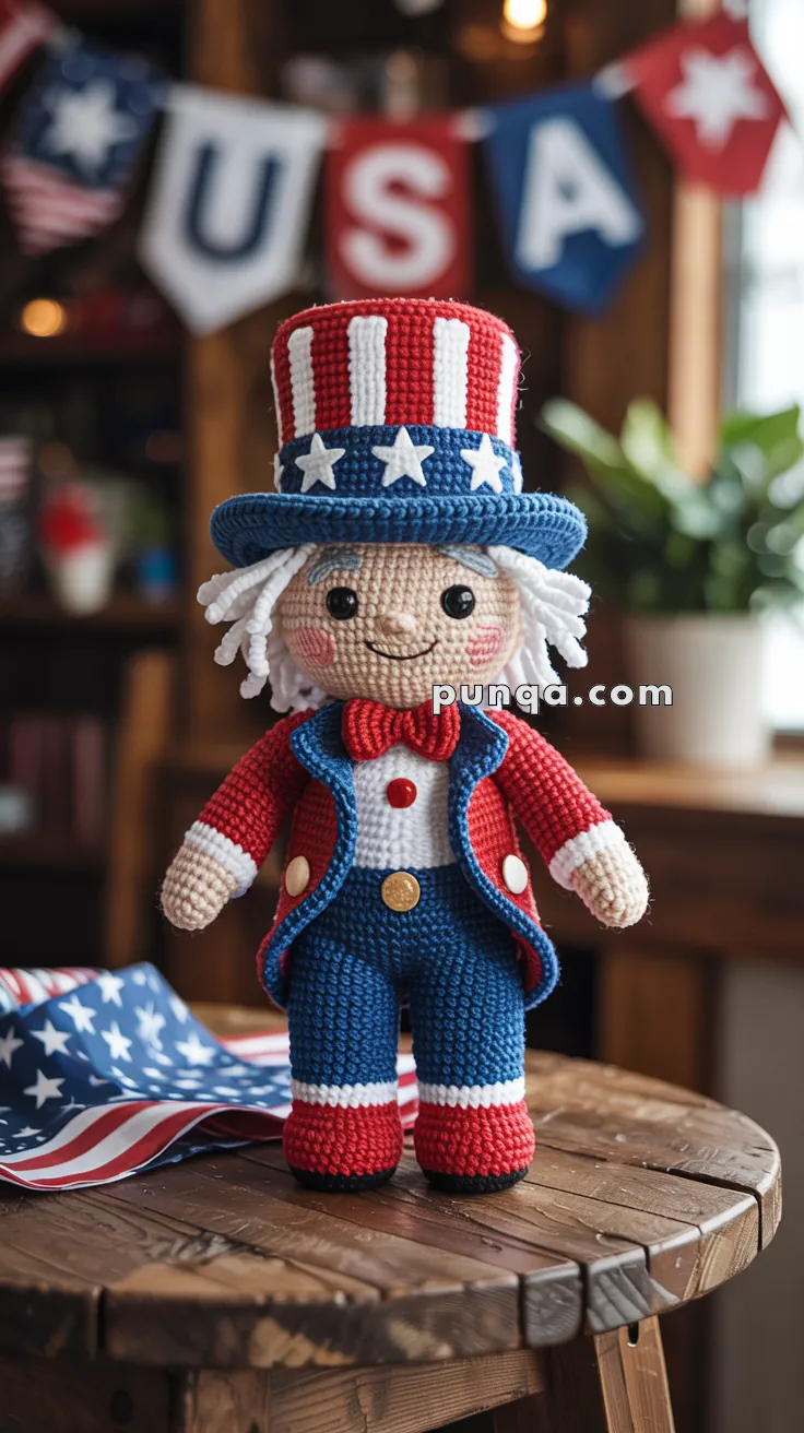 A crocheted doll dressed as Uncle Sam in a patriotic red, white, and blue outfit, featuring a top hat with stars, standing on a wooden table with an American flag and USA-themed decorations in the background.
