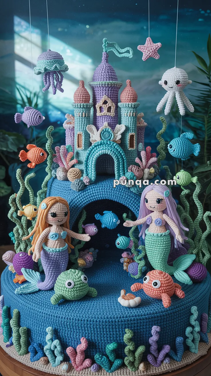 A crocheted underwater scene featuring two mermaid dolls, colorful sea creatures, and a castle. The mermaids have vibrant hair and tails, surrounded by fish, corals, and seaweed, with a playful octopus and starfish hanging above.
