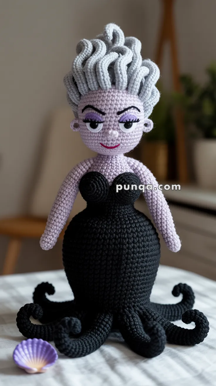 A crocheted Ursula The Sea Witch (from Little Mermaid) doll with lavender hair, bold black eyebrows, purple eyelids, a red smile, and a black dress, displayed on a table with a small shell nearby.