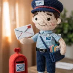 A crocheted doll dressed as a postal worker with a USPS cap and uniform is holding a small envelope. Next to the doll is a crocheted red mailbox with a mail slot and an envelope icon on it. The scene is set on a wooden table with a blurred background, indicating a cozy indoor setting.
