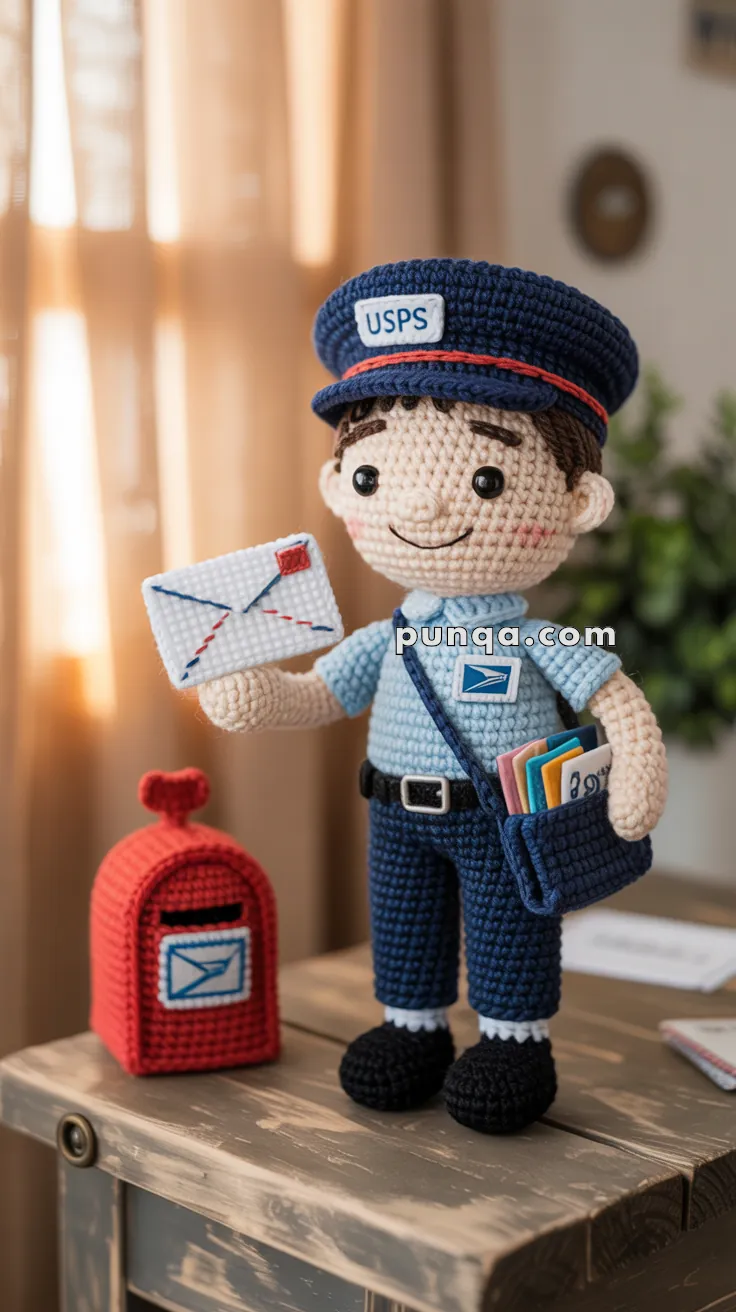A crocheted doll dressed as a postal worker with a USPS cap and uniform is holding a small envelope. Next to the doll is a crocheted red mailbox with a mail slot and an envelope icon on it. The scene is set on a wooden table with a blurred background, indicating a cozy indoor setting.