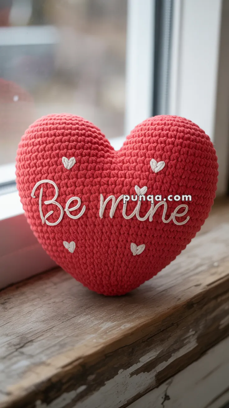 A knitted red heart-shaped pillow with the words "Be mine" stitched in white, displayed on a wooden windowsill.
