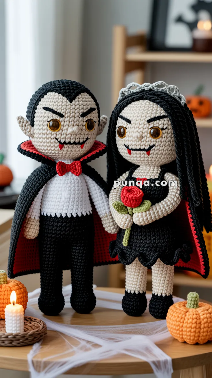 Two crocheted vampire dolls stand side by side on a table, surrounded by knitted pumpkins and lit candles, with a background of Halloween decorations.
