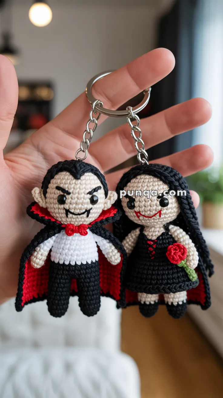 Two crocheted vampire-themed keychains, held in a hand, featuring one male and one female figure with black and red capes; the female is holding a red rose.