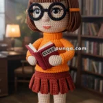 A crocheted doll in a library setting, featuring short brown hair, large black glasses, an orange turtleneck sweater, maroon skirt, and orange socks with matching shoes, holding a book titled 'Clues.'