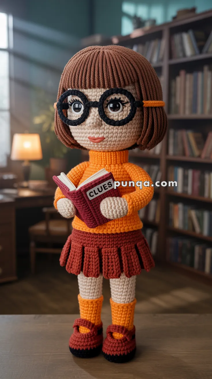 A crocheted doll in a library setting, featuring short brown hair, large black glasses, an orange turtleneck sweater, maroon skirt, and orange socks with matching shoes, holding a book titled 'Clues.'