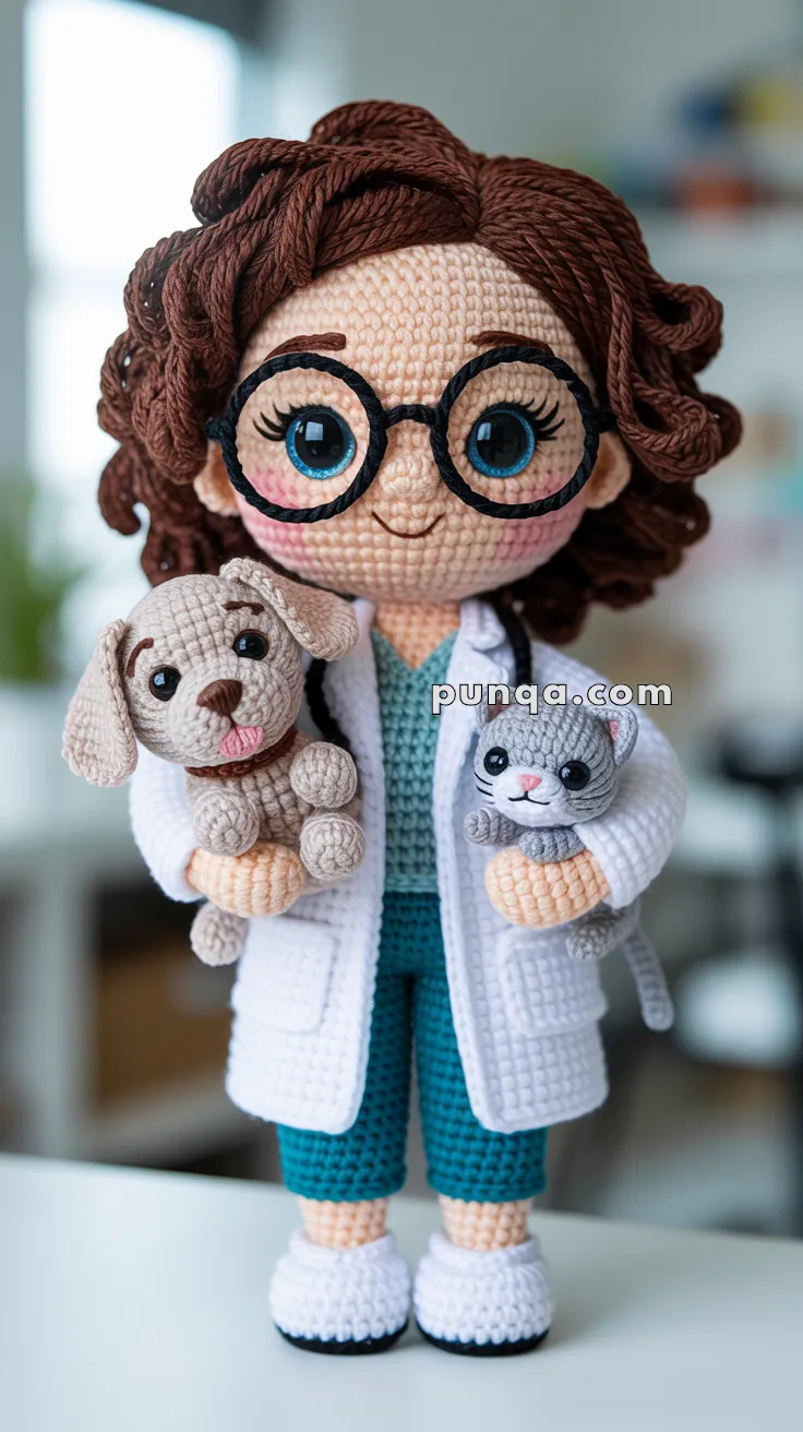 A crocheted doll dressed as a veterinarian with curly brown hair and large glasses, holding a small crocheted dog and cat, wearing a white lab coat over teal scrubs.
