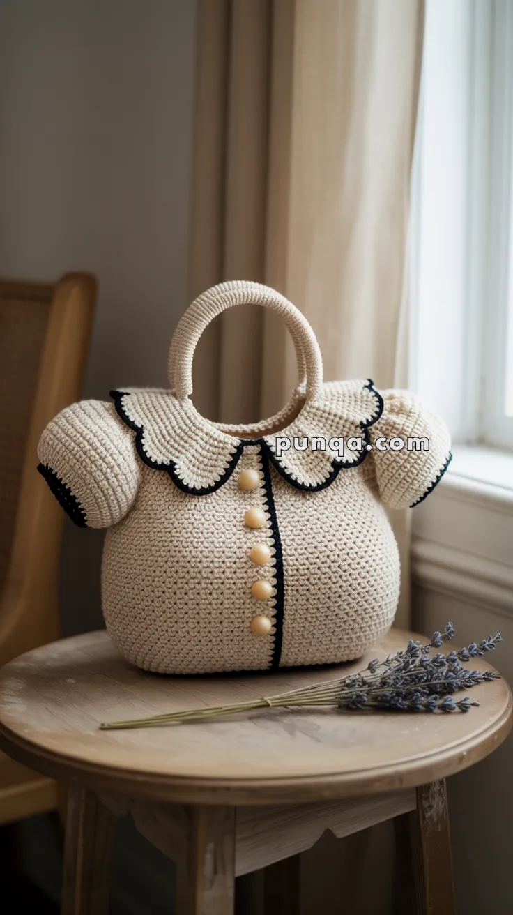 A crocheted handbag shaped like a blouse with scalloped collar and short sleeves, featuring black trim and buttons, placed on a wooden table beside a sprig of lavender.