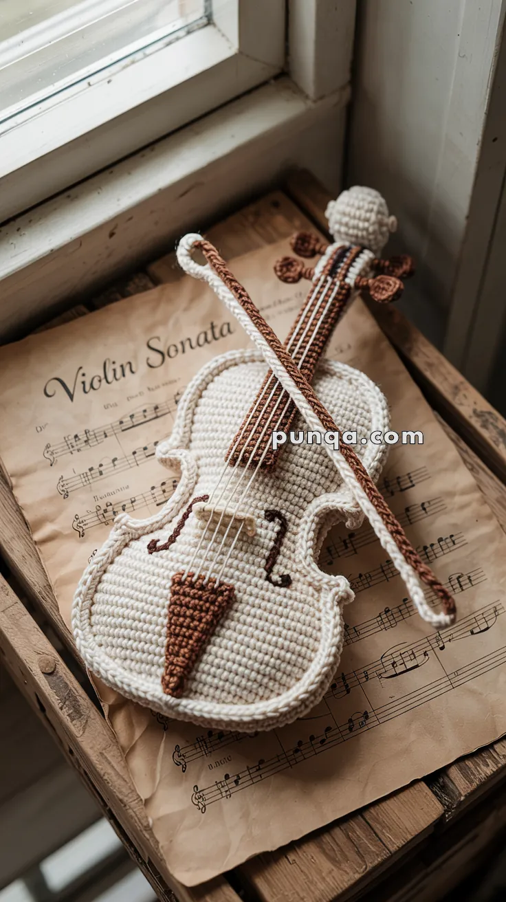 A crocheted violin and bow placed on top of a sheet of music labeled "Violin Sonata."