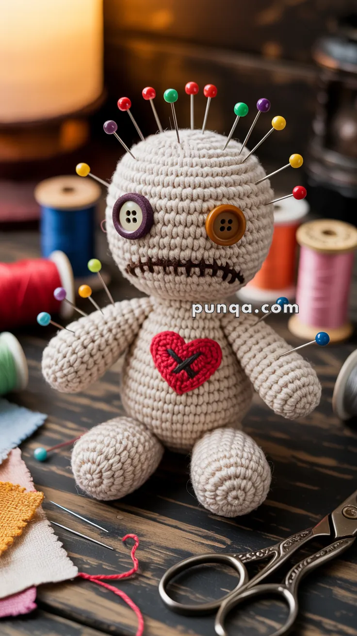 A handmade crochet voodoo doll with mismatched button eyes and a stitched mouth, used as a pincushion with colorful pins in its head and body. It features a red heart decoration on its chest and is surrounded by sewing materials like threads and scissors on a wooden table.