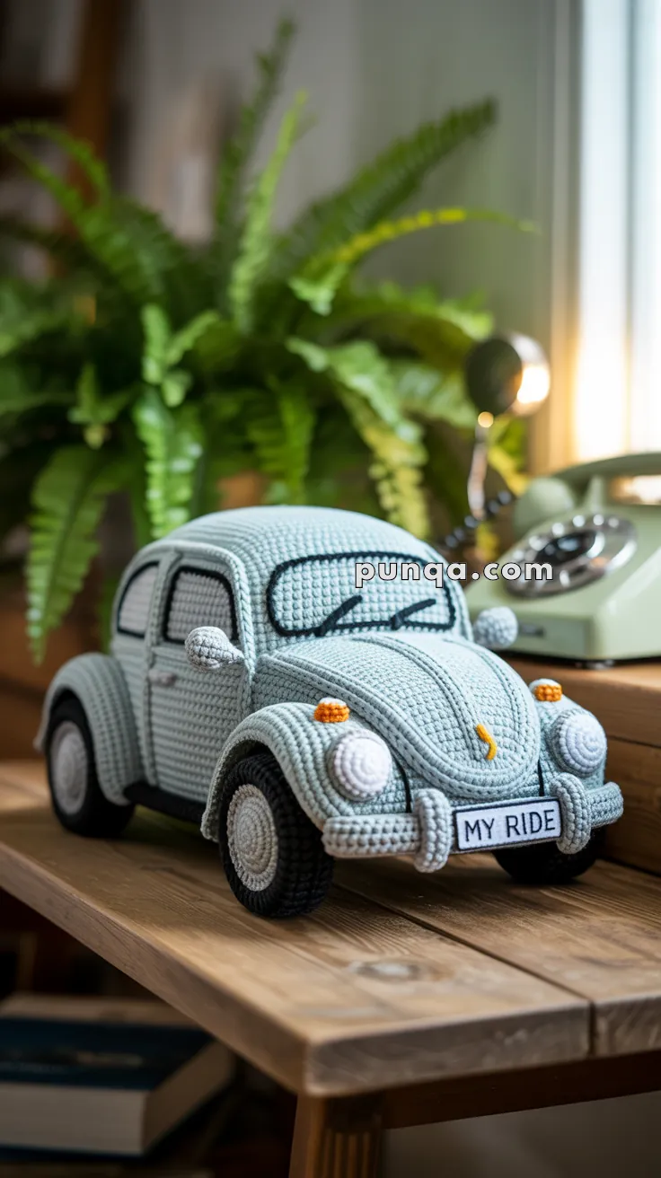 A crocheted model of a vintage car with a "MY RIDE" license plate, placed on a wooden table with a plant and rotary phone in the background.