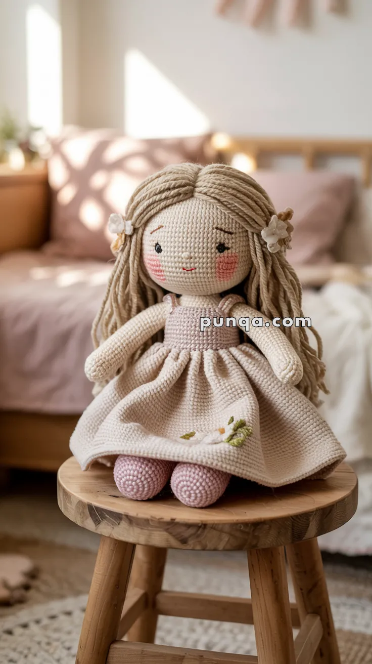 A crocheted doll with long blonde hair and a pink dress, embellished with floral embroidery, sitting on a wooden stool in a softly lit room.