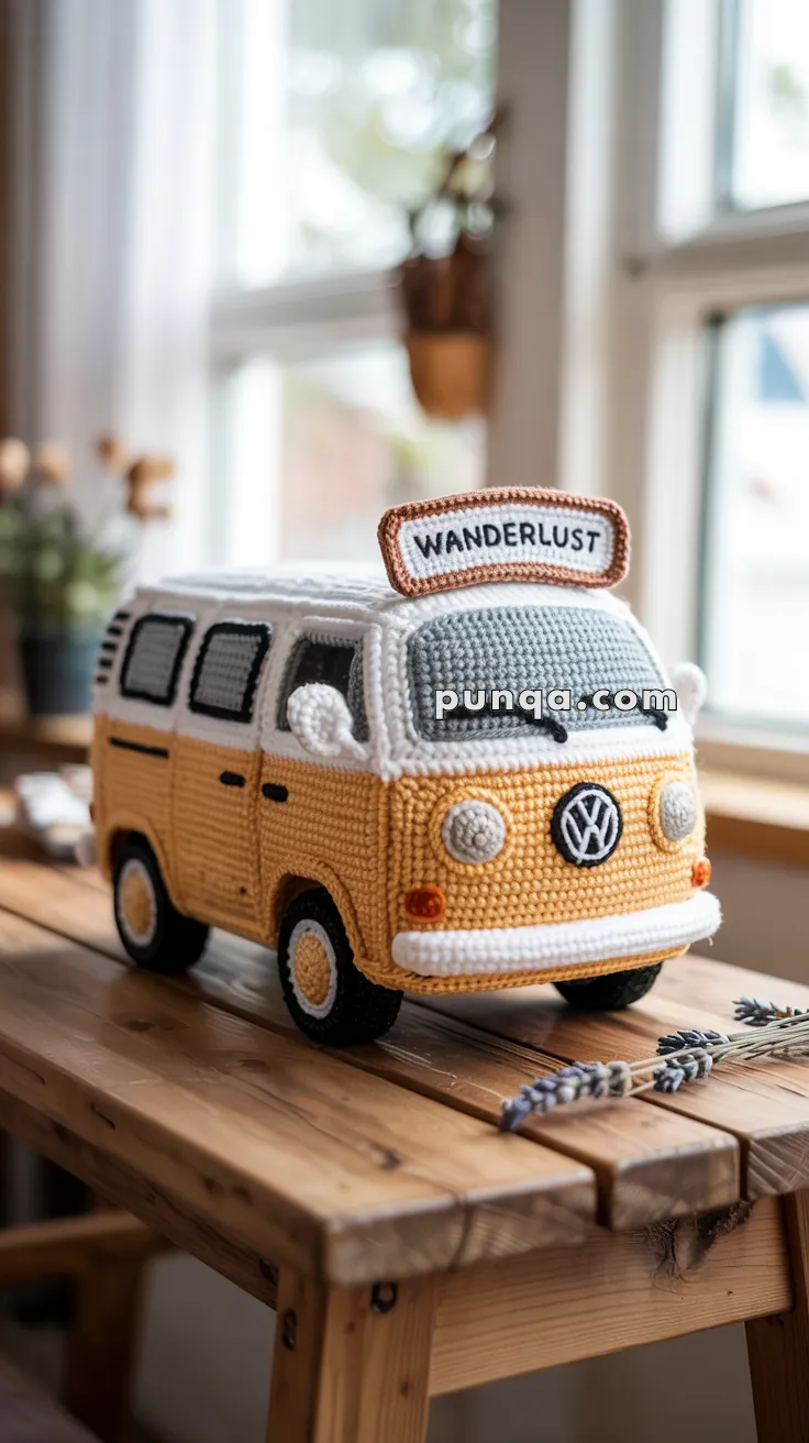 A crocheted model of a yellow vintage van with a "Wanderlust" sign on top, placed on a wooden table.