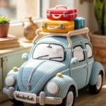 A crocheted model of a classic car with three colorful crocheted suitcases on its roof, placed on a wooden surface by a window, with "Wanderlust" on the license plate.