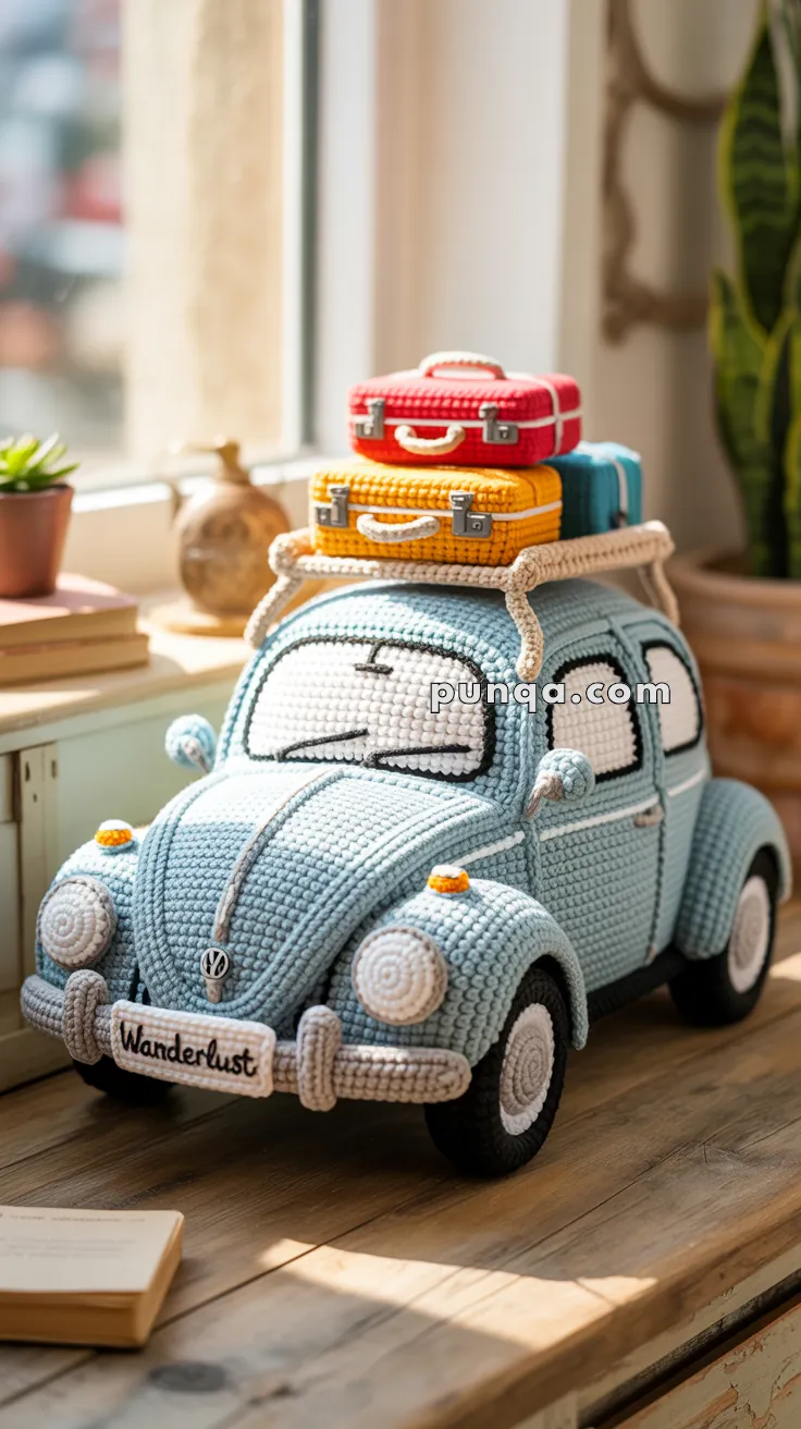 A crocheted model of a classic car with three colorful crocheted suitcases on its roof, placed on a wooden surface by a window, with "Wanderlust" on the license plate.