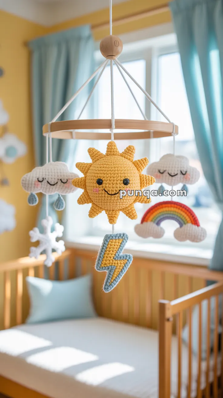A crocheted baby mobile featuring cheerful weather-themed elements including a smiling sun, clouds, raindrops, a rainbow, and a lightning bolt, hanging above a wooden crib in a sunlit nursery.