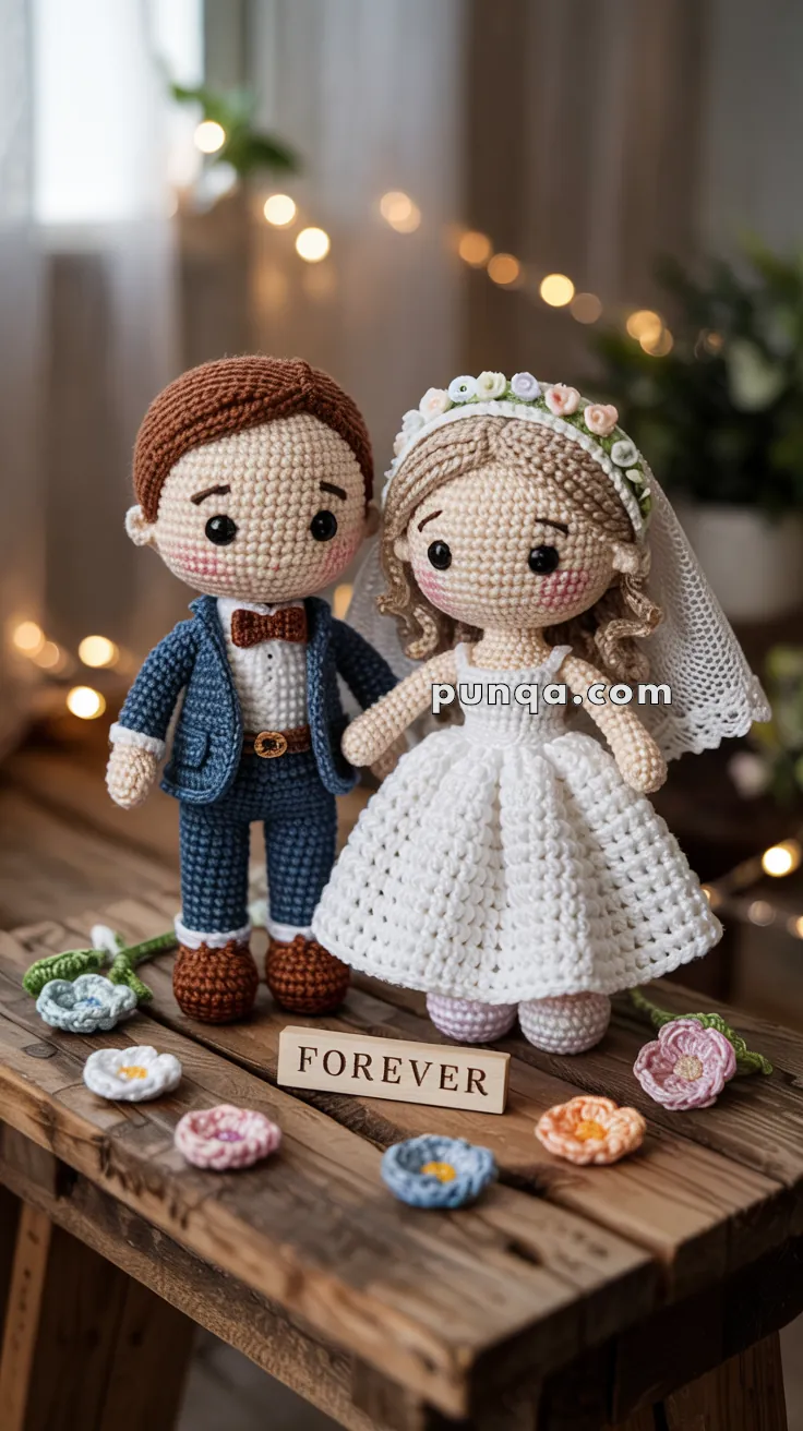 Crocheted wedding couple dolls in a suit and wedding dress with a 'FOREVER' sign and crocheted flowers on a wooden table.