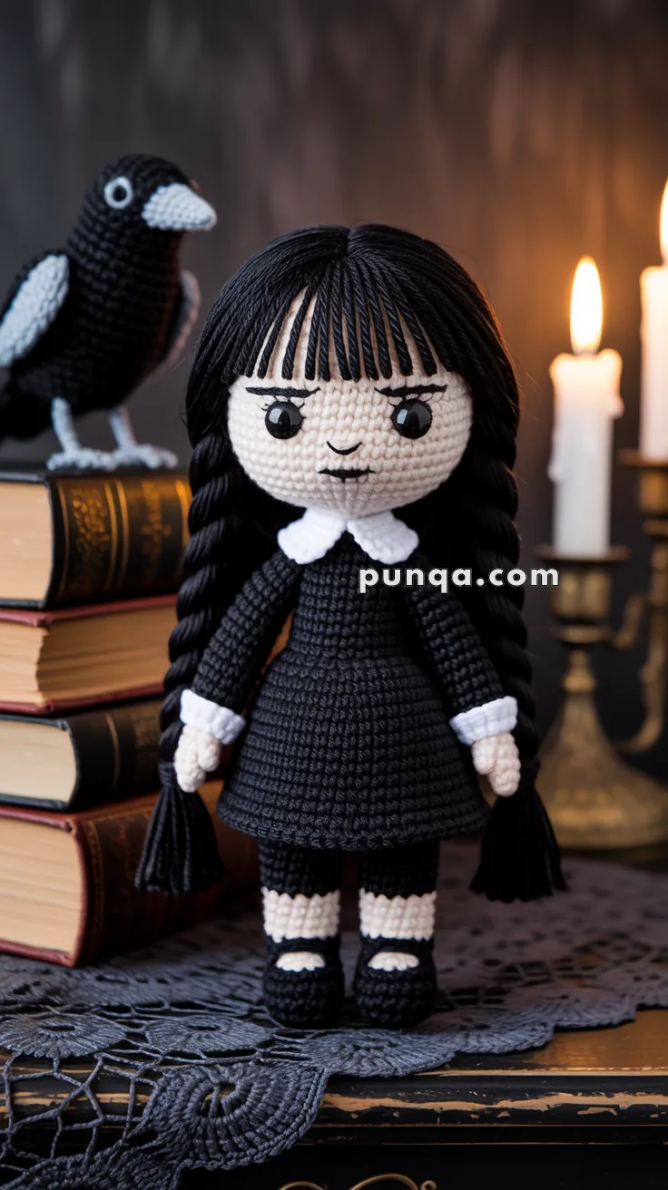 A crocheted doll with braided black hair and a black dress with a white collar, standing on a table beside a stack of books and a crocheted raven, with lit candles in the background.