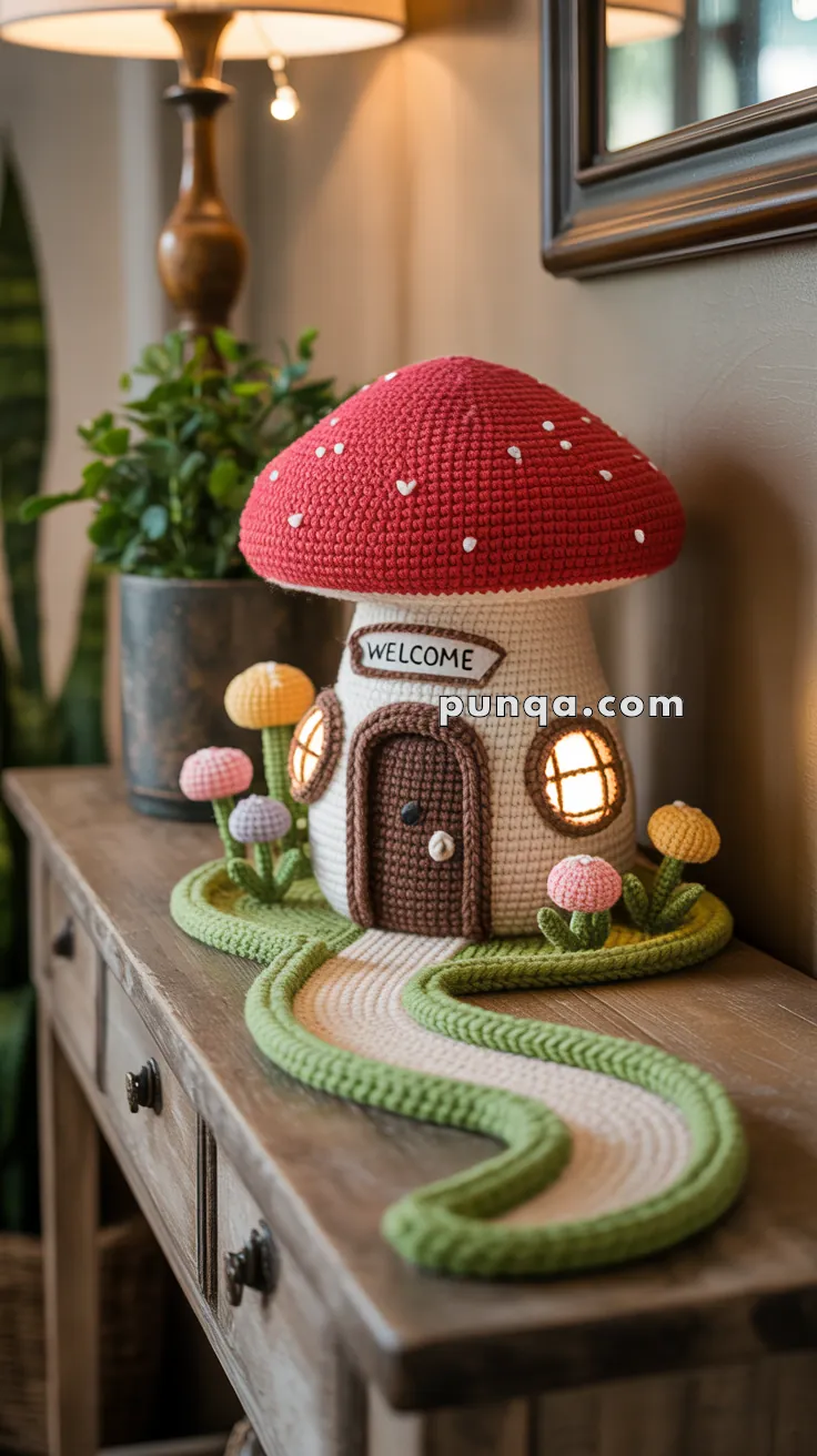 A crocheted mushroom house with a red cap sits on a wooden table, featuring a "Welcome" sign above the door and glowing windows. The house is surrounded by crocheted plants and a pathway, with a lamp and plant in the background.