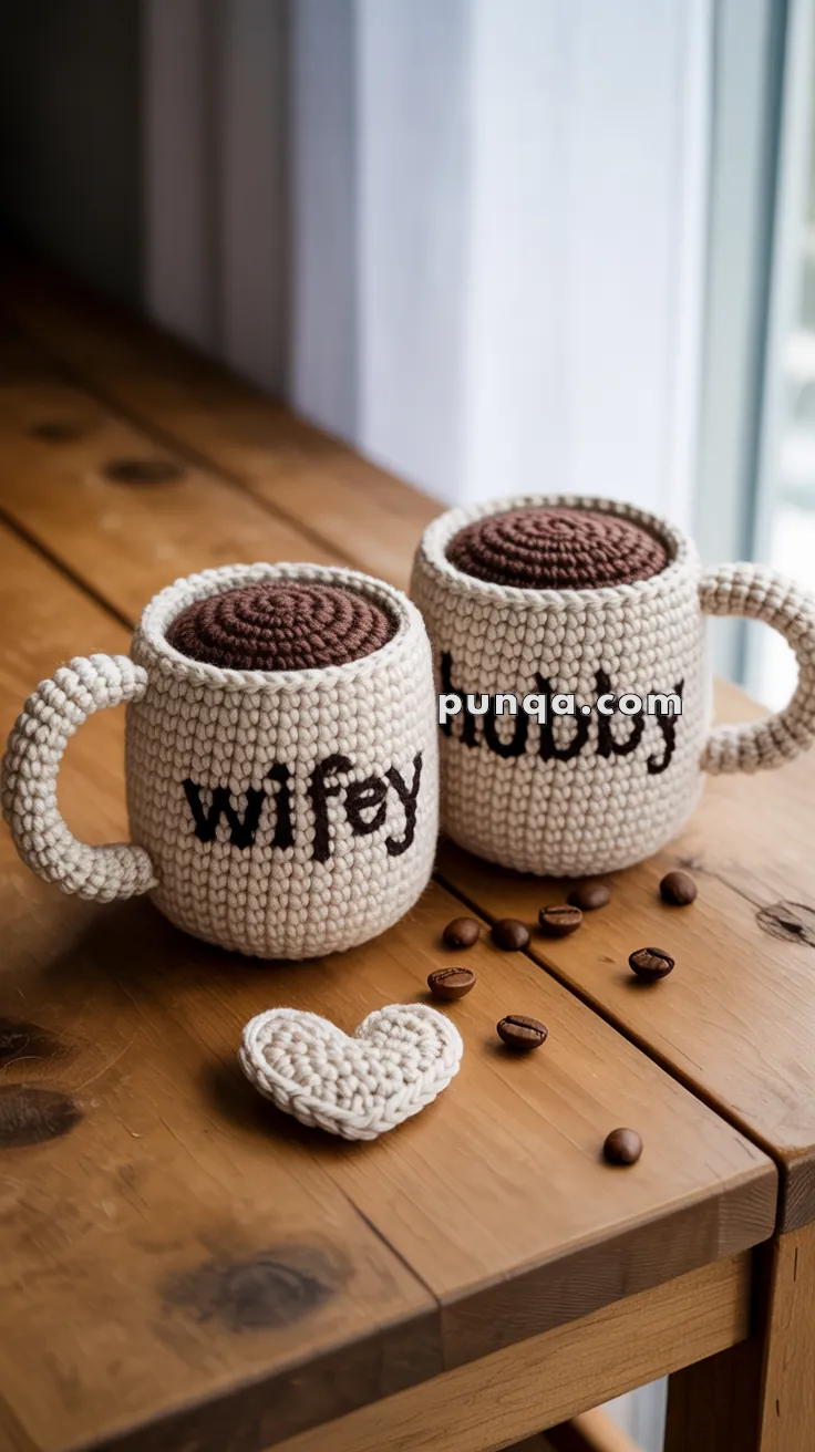 Two crocheted mugs labeled 'wifey' and 'hubby' sit on a wooden table with a crocheted heart and coffee beans scattered around.