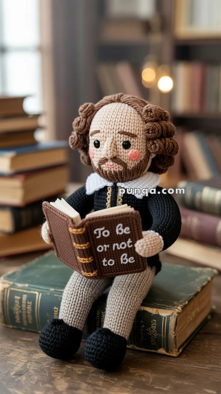 A crocheted doll of a historical figure with curly hair and a goatee, dressed in period clothing, holding an open book with the words "To be or not to be" while seated on a stack of books in a library setting.