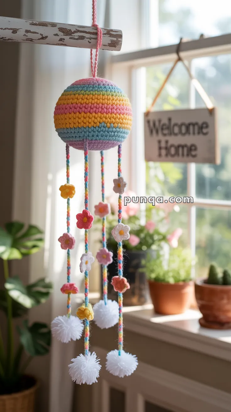 A colorful crocheted mobile featuring a rainbow-striped sphere with strings adorned with small flowers and white pom-poms, hanging near a window beside a 'Welcome Home' sign and potted plants.