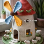 A crocheted decorative windmill with a red roof and colorful blades, surrounded by small crocheted sheep and floral details, placed on a wooden surface near a window.